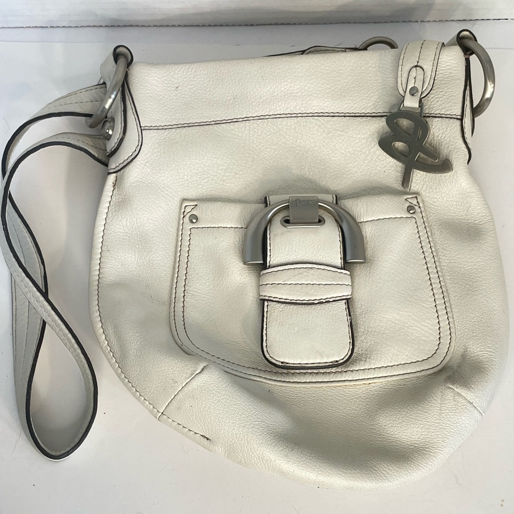 B Makowsky Westbourne Cream Ivory Pebbled Leather Shoulder Bag Strap Adjustable